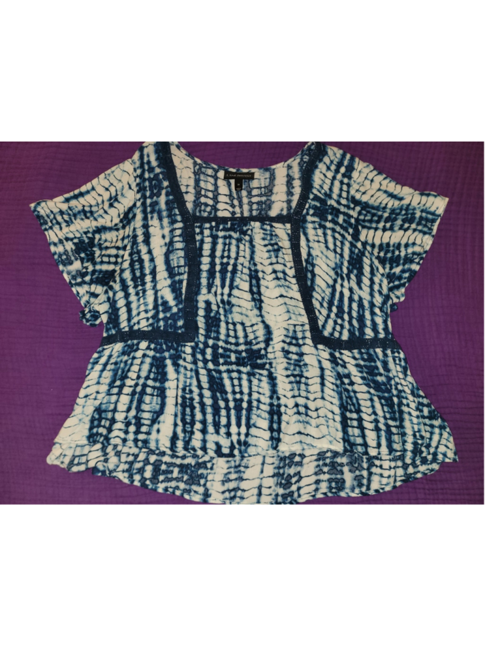 Lane Bryant 24 Blue White Tie Dye Peplum Blouse Rayon Short Sleeve Plus Size